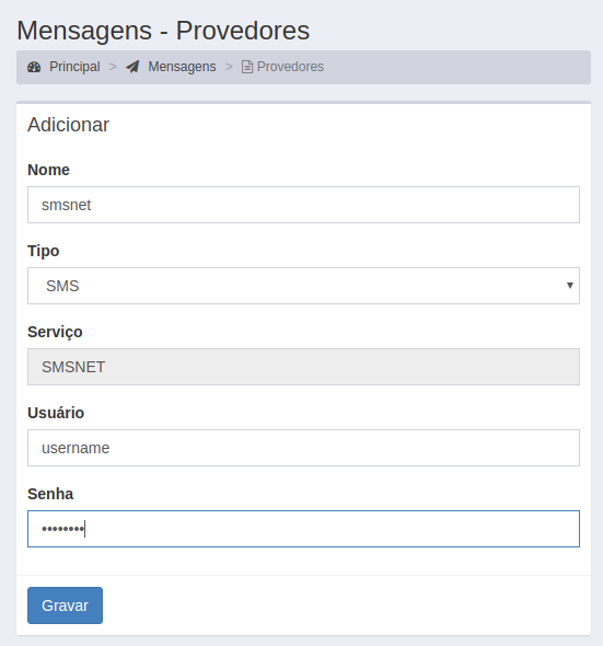 Cadastro de Provedor do Tipo SMS