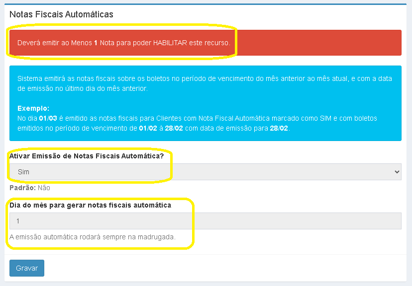 Emissão automática ativada